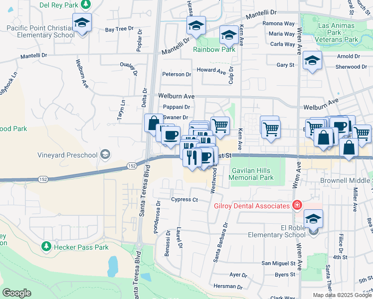 map of restaurants, bars, coffee shops, grocery stores, and more near 1375 1st Street in Gilroy