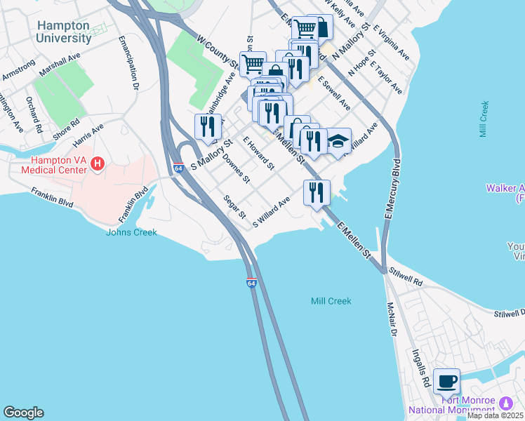 map of restaurants, bars, coffee shops, grocery stores, and more near 302 South Willard Avenue in Hampton