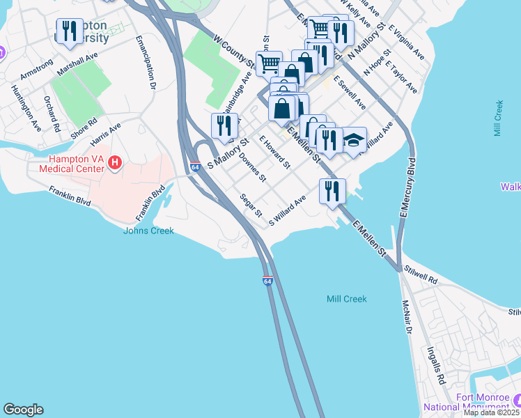 map of restaurants, bars, coffee shops, grocery stores, and more near 211 Segar Street in Hampton
