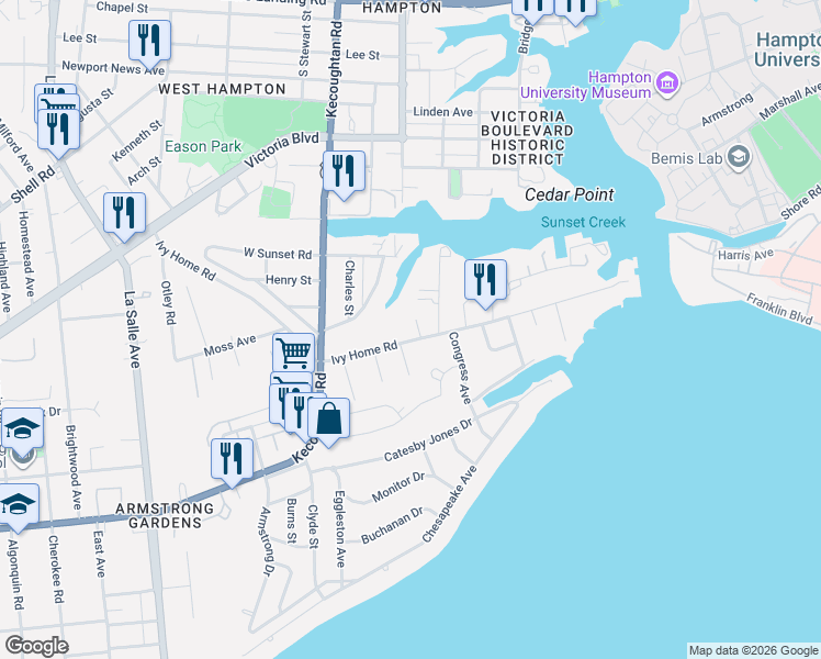 map of restaurants, bars, coffee shops, grocery stores, and more near 110 Ivy Home Road in Hampton