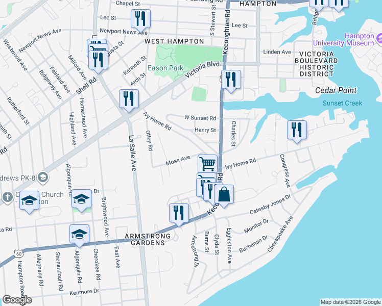 map of restaurants, bars, coffee shops, grocery stores, and more near 14 Moss Avenue in Hampton