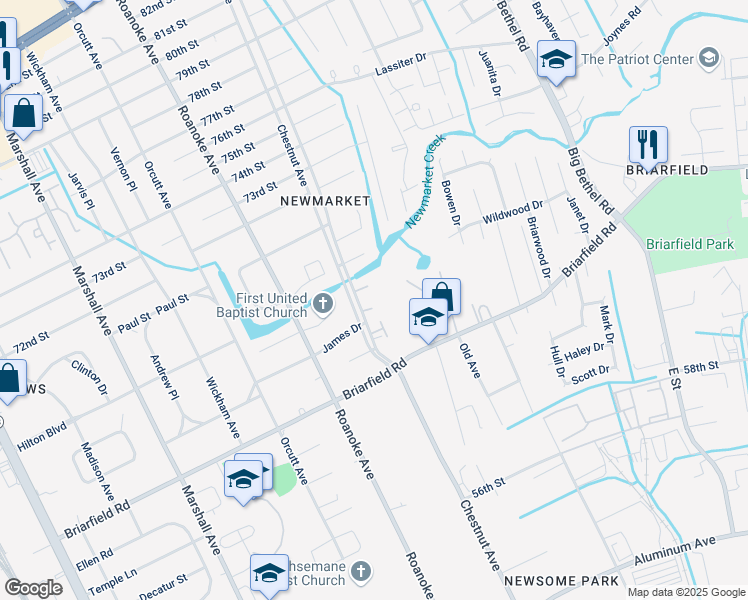 map of restaurants, bars, coffee shops, grocery stores, and more near 6302 Chestnut Avenue in Newport News