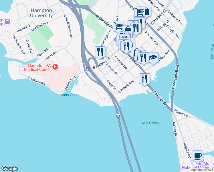 map of restaurants, bars, coffee shops, grocery stores, and more near 123 National Avenue in Hampton