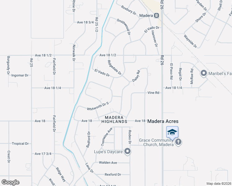 map of restaurants, bars, coffee shops, grocery stores, and more near 25641 Whitworth Drive North in Madera