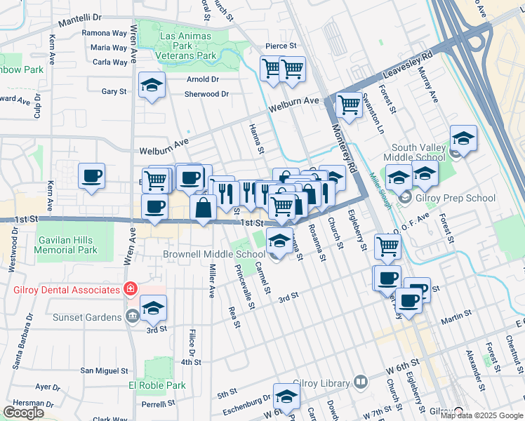 map of restaurants, bars, coffee shops, grocery stores, and more near 8020 Sargent Street in Gilroy