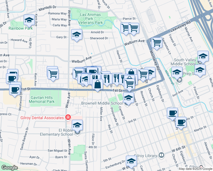 map of restaurants, bars, coffee shops, grocery stores, and more near 641 1st Street in Gilroy
