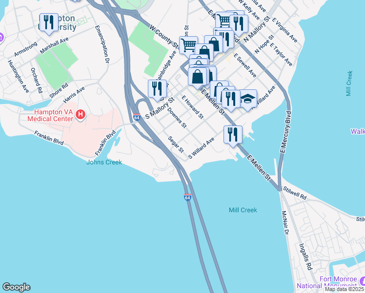 map of restaurants, bars, coffee shops, grocery stores, and more near 211 Segar Street in Hampton