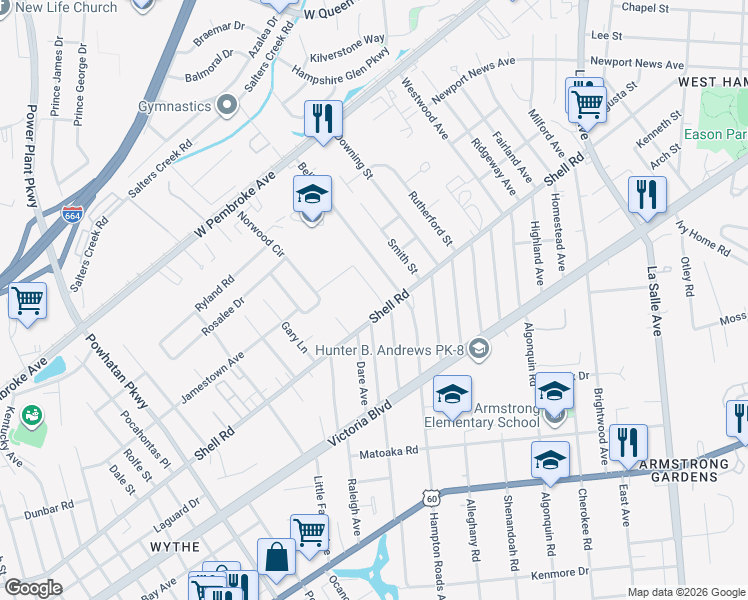 map of restaurants, bars, coffee shops, grocery stores, and more near 2707 Shell Road in Hampton