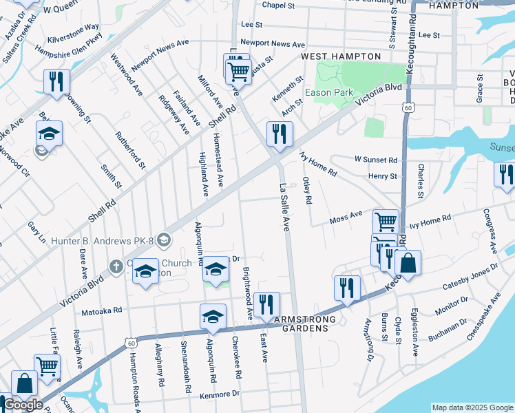 map of restaurants, bars, coffee shops, grocery stores, and more near 3610 Lauderdale Avenue in Hampton