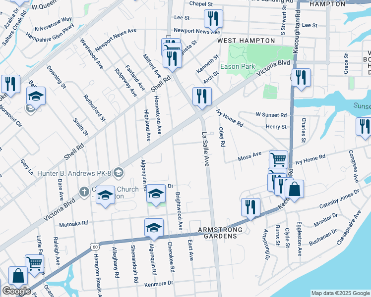 map of restaurants, bars, coffee shops, grocery stores, and more near 3610 Lauderdale Avenue in Hampton