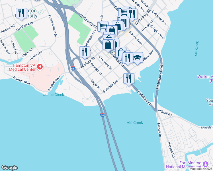 map of restaurants, bars, coffee shops, grocery stores, and more near 302 South Willard Avenue in Hampton