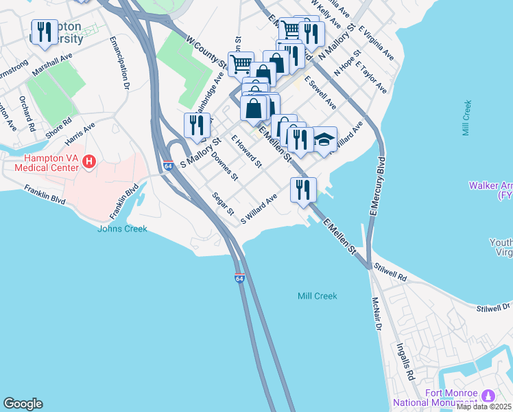 map of restaurants, bars, coffee shops, grocery stores, and more near 302 South Willard Avenue in Hampton