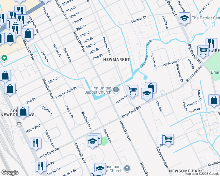 map of restaurants, bars, coffee shops, grocery stores, and more near 1102 Elizabeth Court in Newport News
