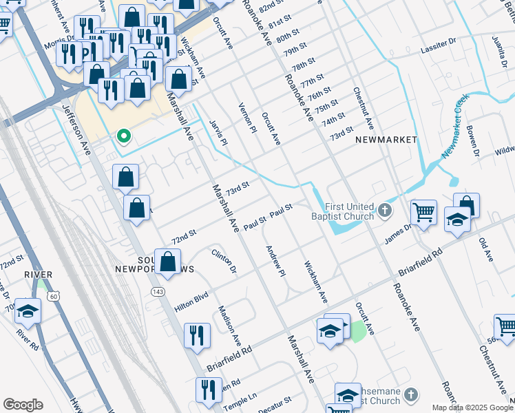 map of restaurants, bars, coffee shops, grocery stores, and more near 712 72nd Street in Newport News