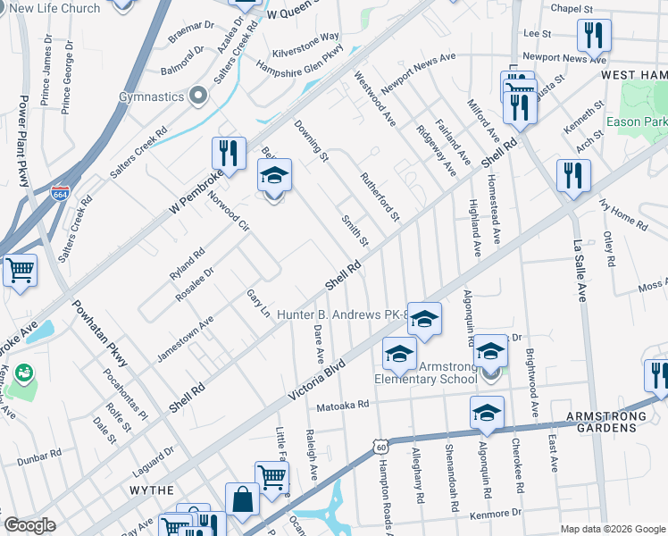 map of restaurants, bars, coffee shops, grocery stores, and more near 2707 Shell Road in Hampton