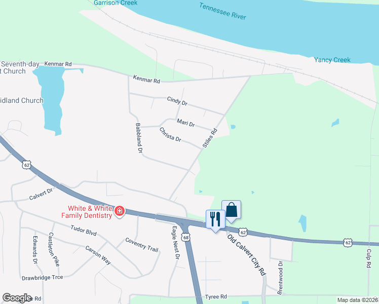 map of restaurants, bars, coffee shops, grocery stores, and more near 225 Stiles Road in Paducah