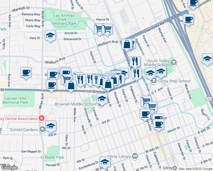 map of restaurants, bars, coffee shops, grocery stores, and more near 311 1st Street in Gilroy