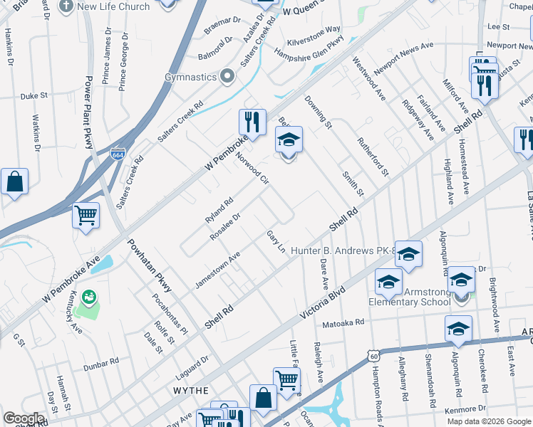 map of restaurants, bars, coffee shops, grocery stores, and more near 716 Gary Lane in Hampton