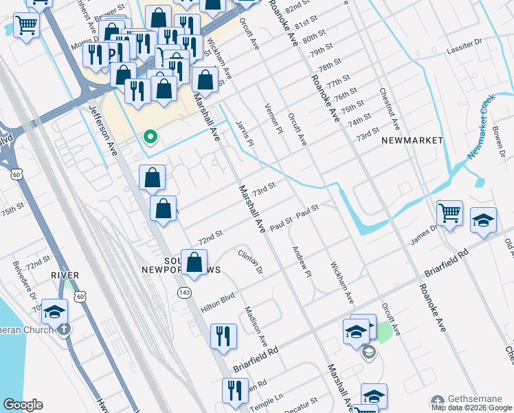 map of restaurants, bars, coffee shops, grocery stores, and more near 701 72nd Street in Newport News