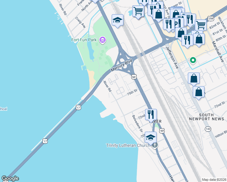 map of restaurants, bars, coffee shops, grocery stores, and more near 131 Towne Square Drive in Newport News