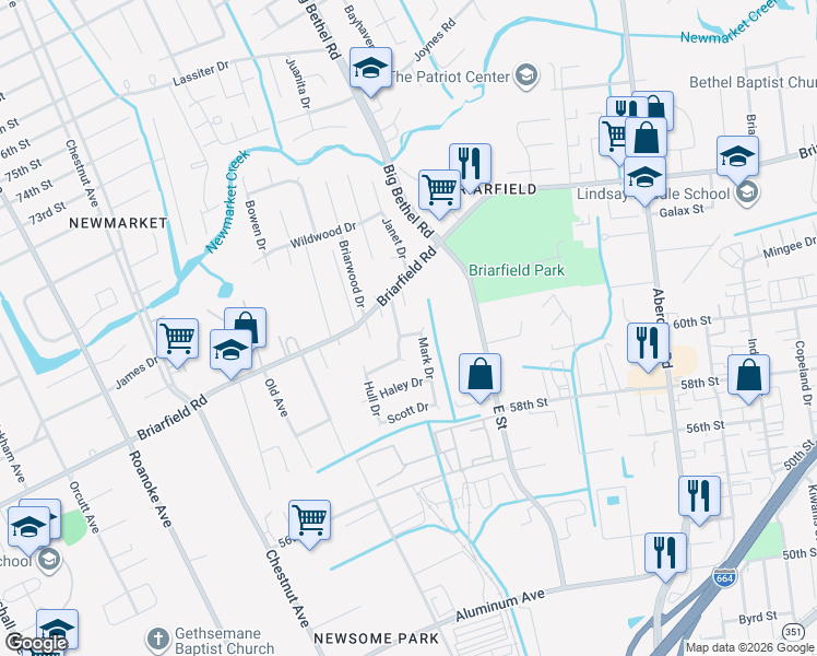 map of restaurants, bars, coffee shops, grocery stores, and more near 1523 Mark Drive in Hampton