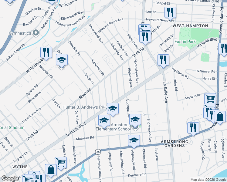 map of restaurants, bars, coffee shops, grocery stores, and more near 413 Shenandoah Road in Hampton