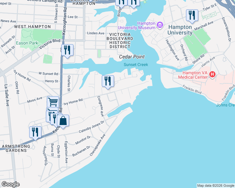 map of restaurants, bars, coffee shops, grocery stores, and more near 208 Porter Avenue in Hampton