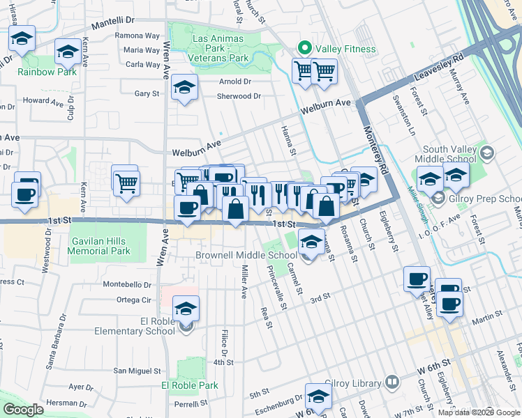 map of restaurants, bars, coffee shops, grocery stores, and more near 641 1st Street in Gilroy