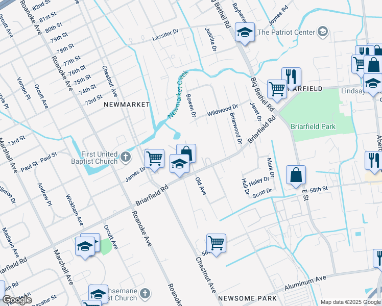 map of restaurants, bars, coffee shops, grocery stores, and more near 1126 Lakeland Drive in Newport News
