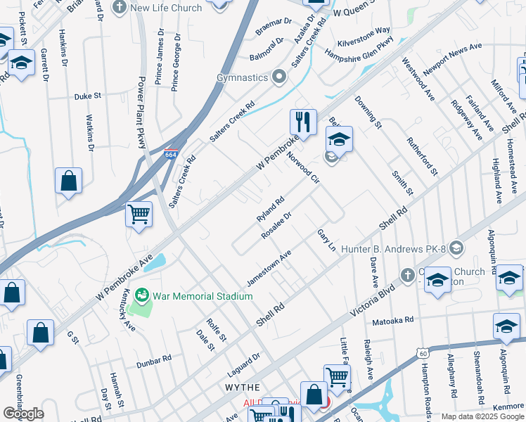 map of restaurants, bars, coffee shops, grocery stores, and more near 2807 Ryland Road in Hampton
