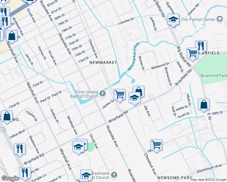 map of restaurants, bars, coffee shops, grocery stores, and more near 6378 Tivoli Place in Newport News