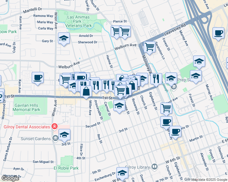 map of restaurants, bars, coffee shops, grocery stores, and more near 440 Broadway in Gilroy
