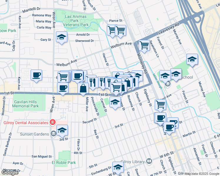 map of restaurants, bars, coffee shops, grocery stores, and more near 8030 Sargent Street in Gilroy