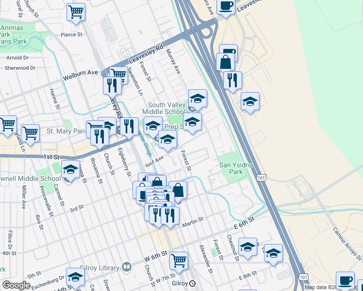 map of restaurants, bars, coffee shops, grocery stores, and more near 7798 Forest Street in Gilroy