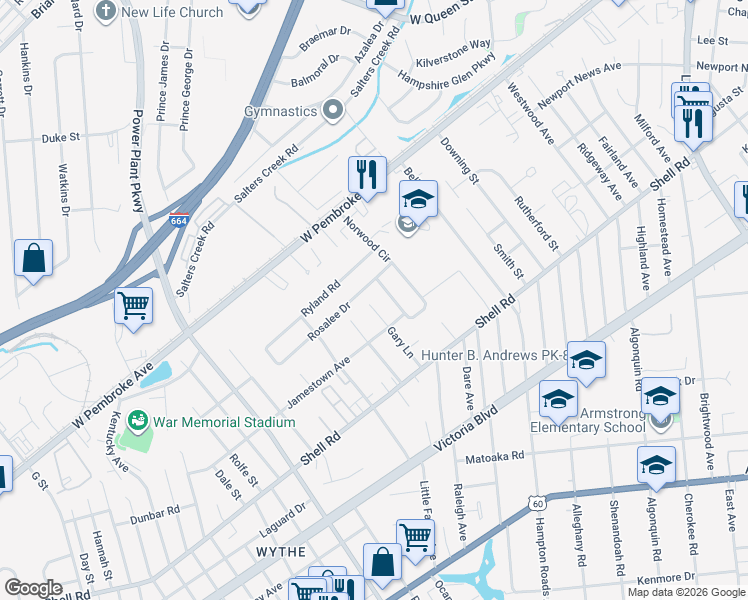 map of restaurants, bars, coffee shops, grocery stores, and more near 716 Gary Lane in Hampton