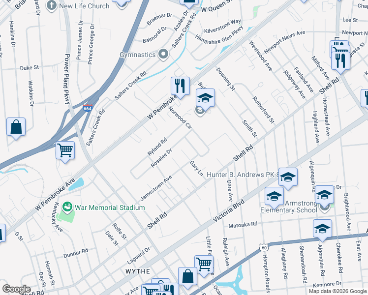 map of restaurants, bars, coffee shops, grocery stores, and more near 716 Gary Lane in Hampton
