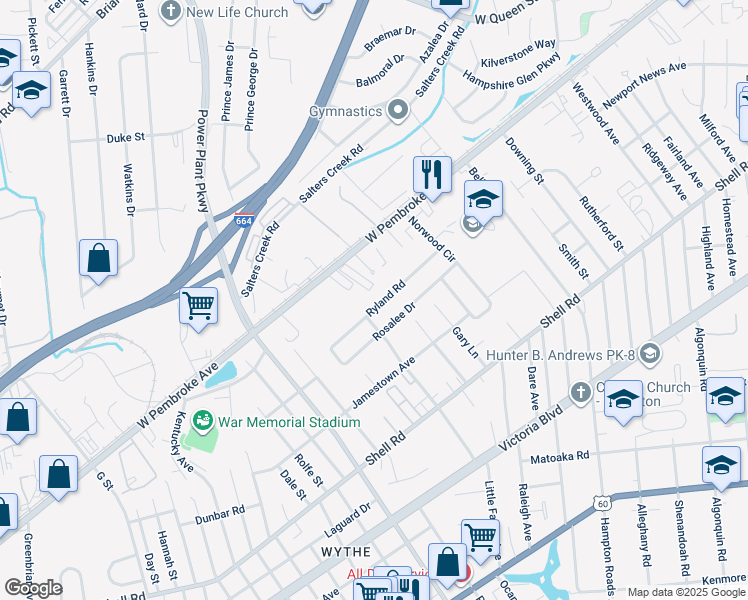 map of restaurants, bars, coffee shops, grocery stores, and more near 2807 Ryland Road in Hampton