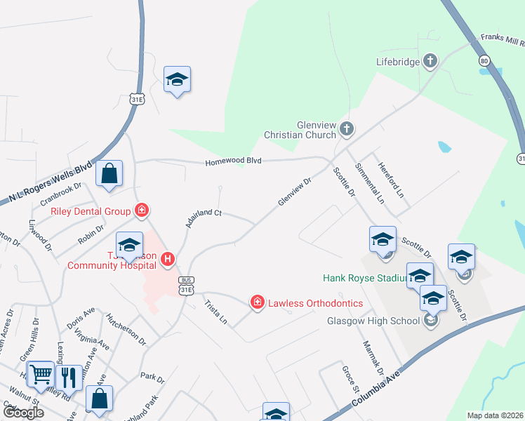 map of restaurants, bars, coffee shops, grocery stores, and more near 1261 Glenview Drive in Glasgow