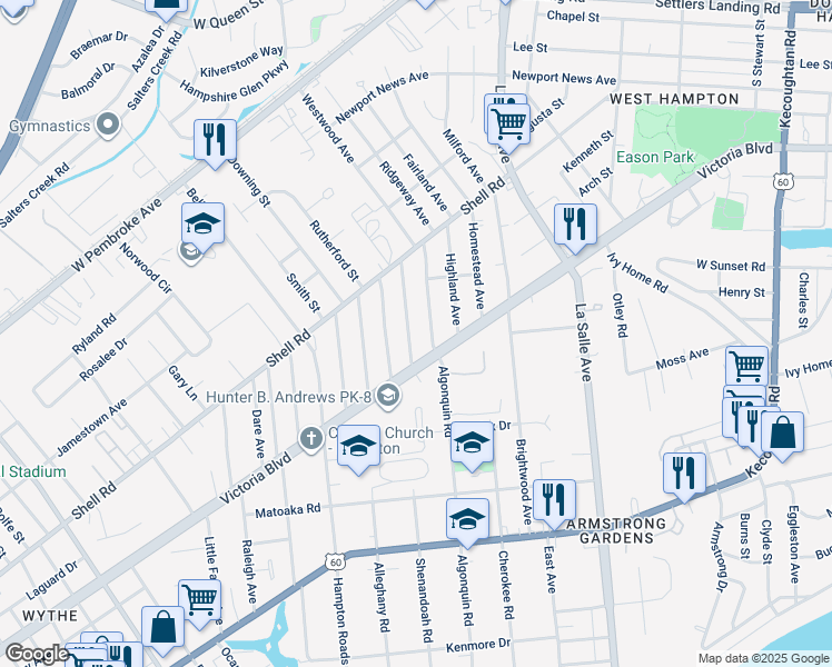 map of restaurants, bars, coffee shops, grocery stores, and more near 408 Seminole Road in Hampton