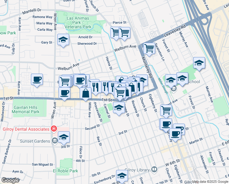 map of restaurants, bars, coffee shops, grocery stores, and more near 7957 Hanna Street in Gilroy