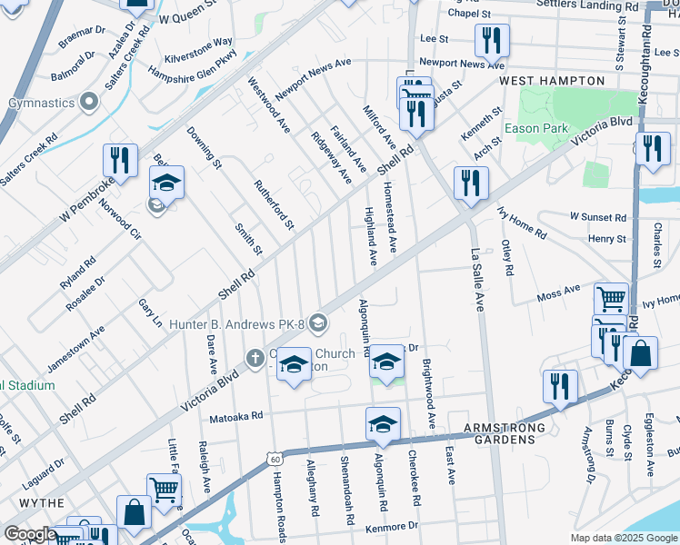 map of restaurants, bars, coffee shops, grocery stores, and more near 408 Seminole Road in Hampton