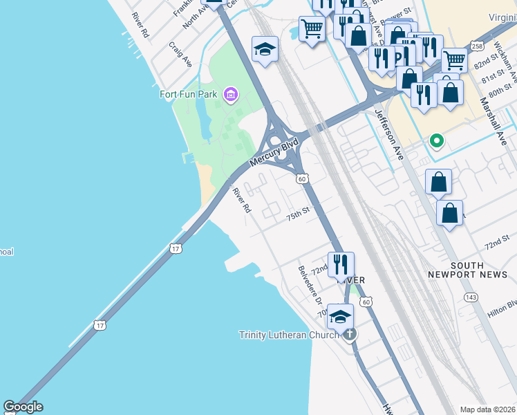 map of restaurants, bars, coffee shops, grocery stores, and more near 126 Towne Square Drive in Newport News