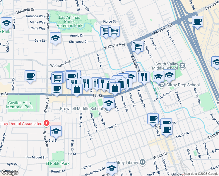 map of restaurants, bars, coffee shops, grocery stores, and more near 7957 Hanna Street in Gilroy