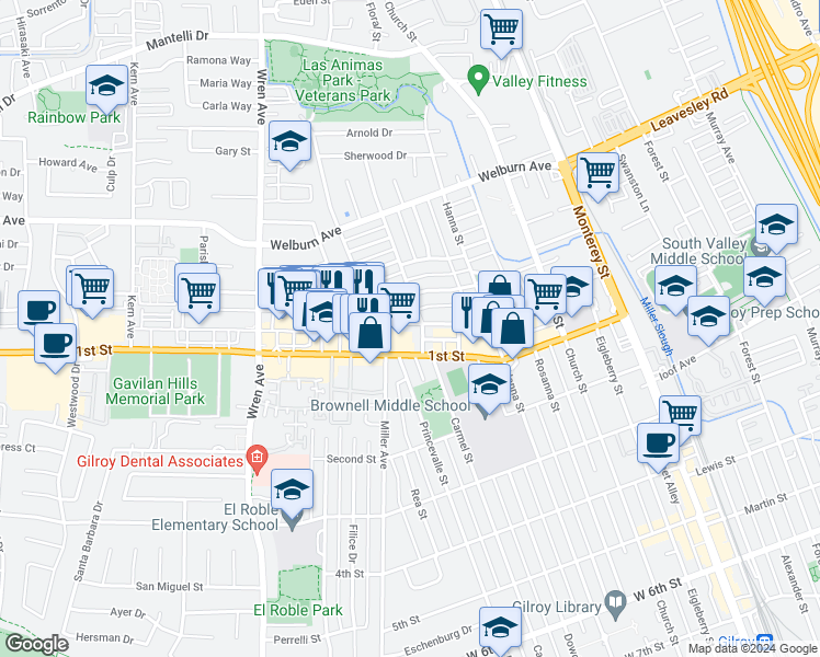 map of restaurants, bars, coffee shops, grocery stores, and more near 620 Broadway in Gilroy