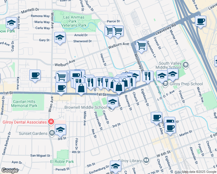 map of restaurants, bars, coffee shops, grocery stores, and more near 420 Broadway in Gilroy