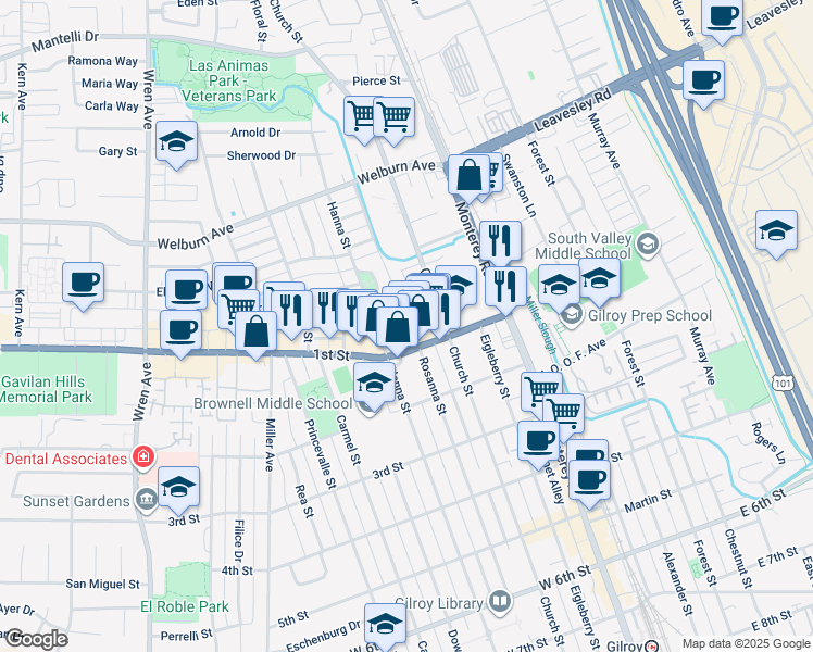 map of restaurants, bars, coffee shops, grocery stores, and more near 311 1st Street in Gilroy