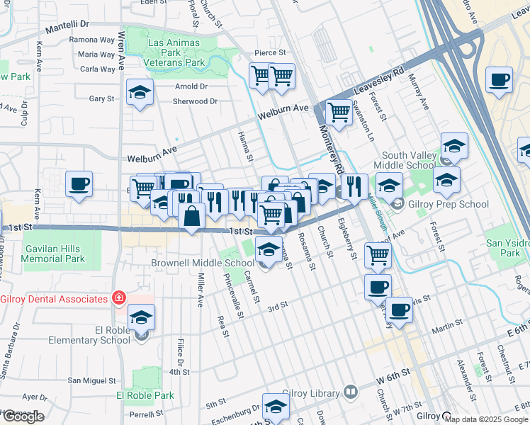 map of restaurants, bars, coffee shops, grocery stores, and more near 7957 Hanna Street in Gilroy