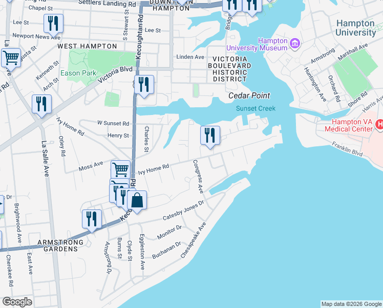 map of restaurants, bars, coffee shops, grocery stores, and more near 100 Ivy Home Road in Hampton