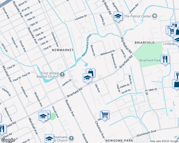 map of restaurants, bars, coffee shops, grocery stores, and more near 1126 Lakeland Drive in Newport News