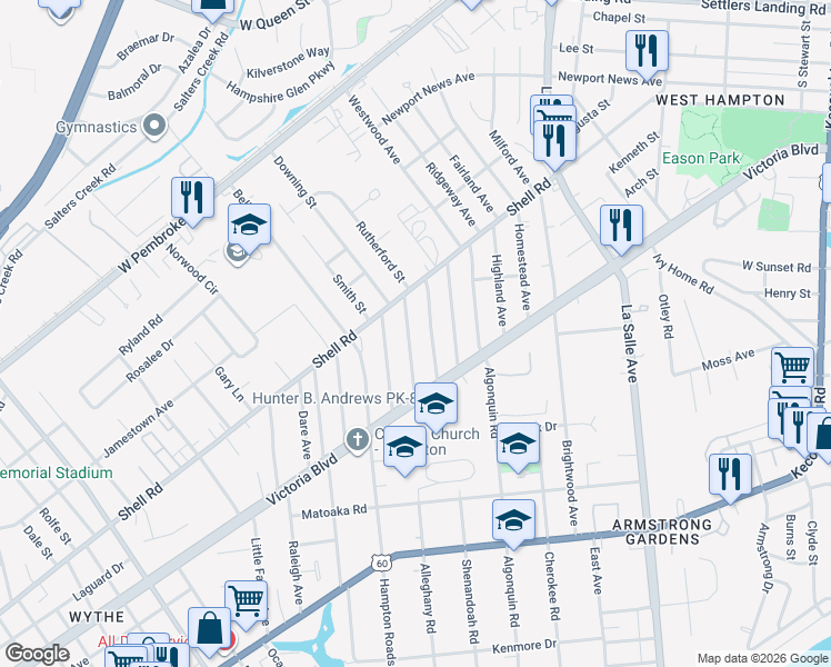 map of restaurants, bars, coffee shops, grocery stores, and more near 413 Shenandoah Road in Hampton